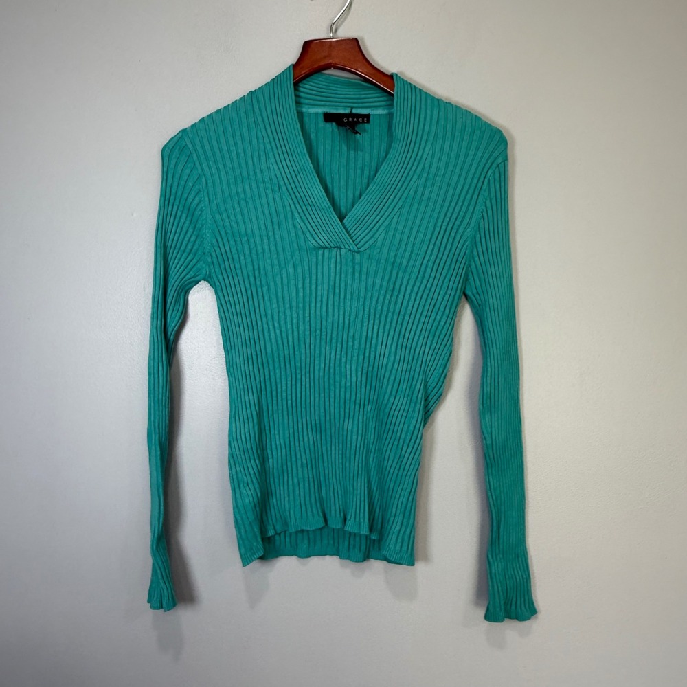 Grace Womens Teal Ribbed Knit V-Neck Crossover Long Sleeve Sweater Large